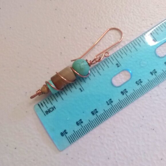 Aqua Turquoise & Tan Stack Stone Earrings ~ Handmade Copper Wire Wrap & Ear Wire - Picture 9 of 11
